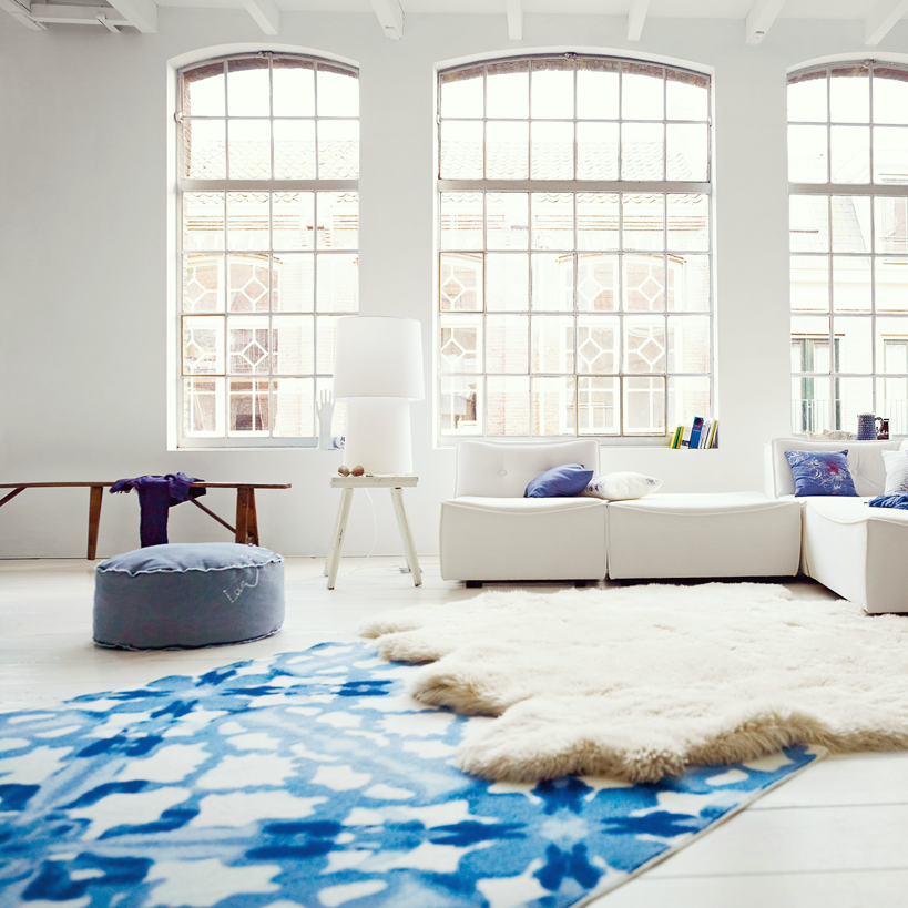 Tapis bleu et blanc dans un salon